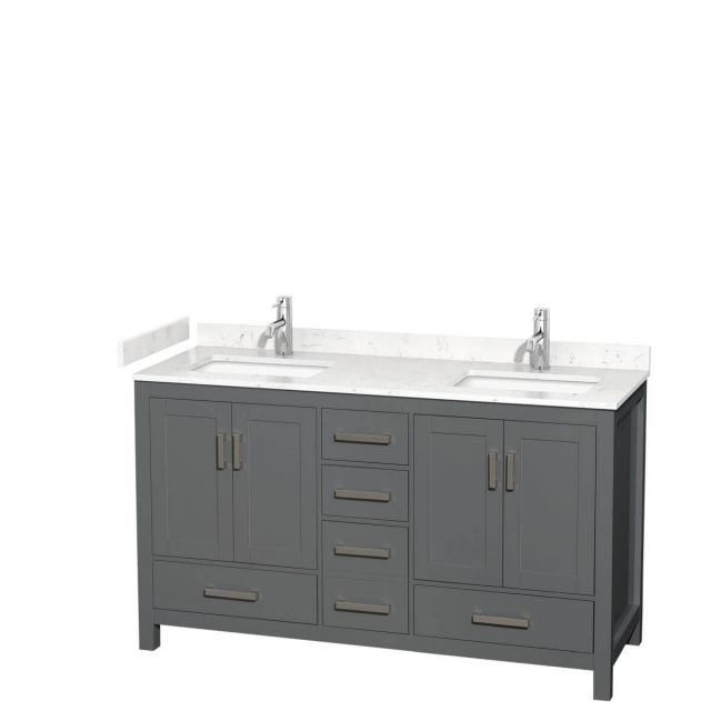 Wyndham Collection Sheffield 60 inch Double Bathroom Vanity in Dark Gray with Carrara Cultured Marble Countertop, Undermount Square Sinks and No Mirror - WCS141460DKGC2UNSMXX