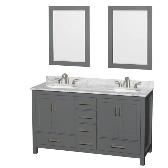 Wyndham Collection Sheffield 60 Inch Double Bath Vanity In Dark Gray with White Carrara Marble Countertop with Undermount Oval Sinks with 24 Inch Mirrors - WCS141460DKGCMUNOM24