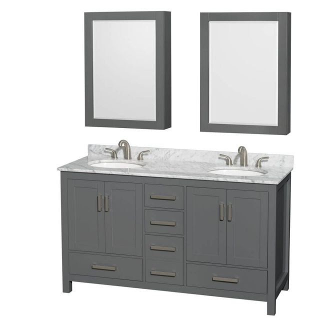 Wyndham Collection Sheffield 60 Inch Double Bath Vanity In Dark Gray with White Carrara Marble Countertop with Undermount Oval Sinks with Medicine Cabinets - WCS141460DKGCMUNOMED