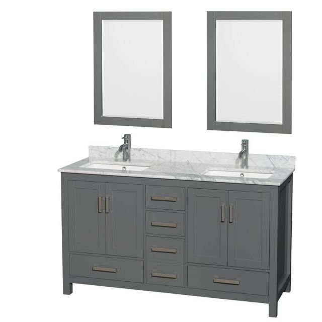 Wyndham Collection Sheffield 60 Inch Double Bath Vanity In Dark Gray with White Carrara Marble Countertop with Undermount Square Sinks with 24 Inch Mirrors - WCS141460DKGCMUNSM24