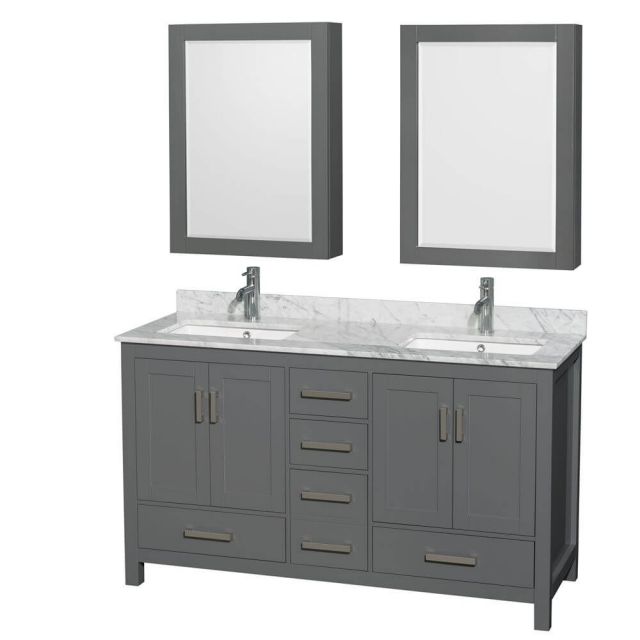 Wyndham Collection Sheffield 60 Inch Double Bath Vanity In Dark Gray with White Carrara Marble Countertop with Undermount Square Sinks with Medicine Cabinets - WCS141460DKGCMUNSMED
