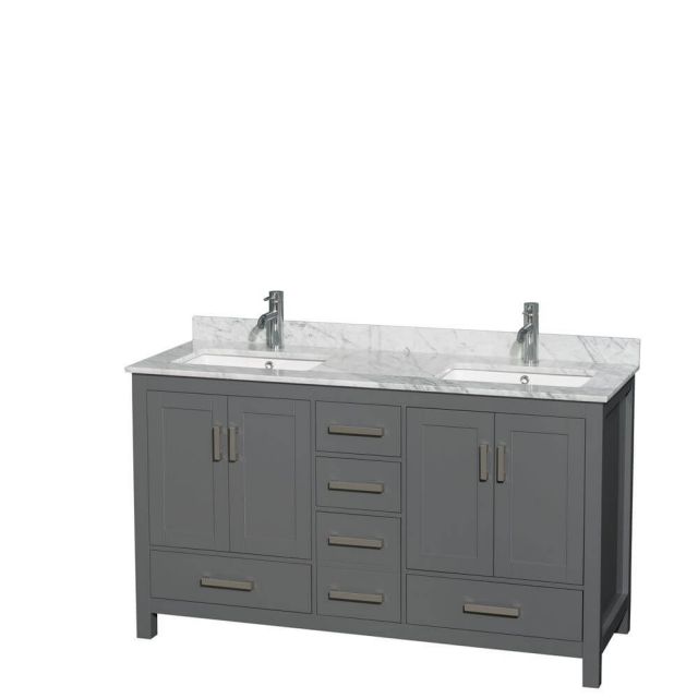 Wyndham Collection Sheffield 60 Inch Double Bath Vanity In Dark Gray with White Carrara Marble Countertop with Undermount Square Sinks - WCS141460DKGCMUNSMXX