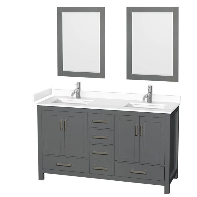 Wyndham Collection Sheffield 60 inch Double Bathroom Vanity in Dark Gray with White Cultured Marble Countertop, Undermount Square Sinks and 24 inch Mirrors - WCS141460DKGWCUNSM24