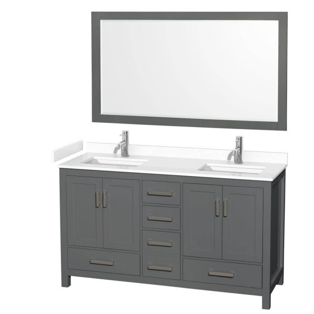 Wyndham Collection Sheffield 60 inch Double Bathroom Vanity in Dark Gray with White Cultured Marble Countertop, Undermount Square Sinks and 58 inch Mirror - WCS141460DKGWCUNSM58