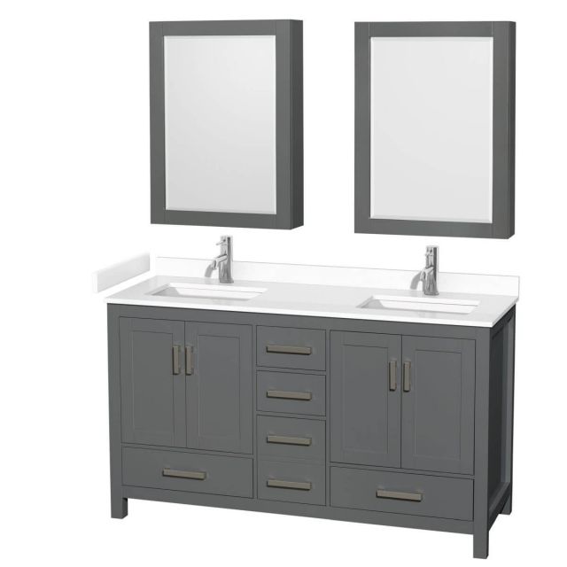 Wyndham Collection Sheffield 60 inch Double Bathroom Vanity in Dark Gray with White Cultured Marble Countertop, Undermount Square Sinks and Medicine Cabinets - WCS141460DKGWCUNSMED