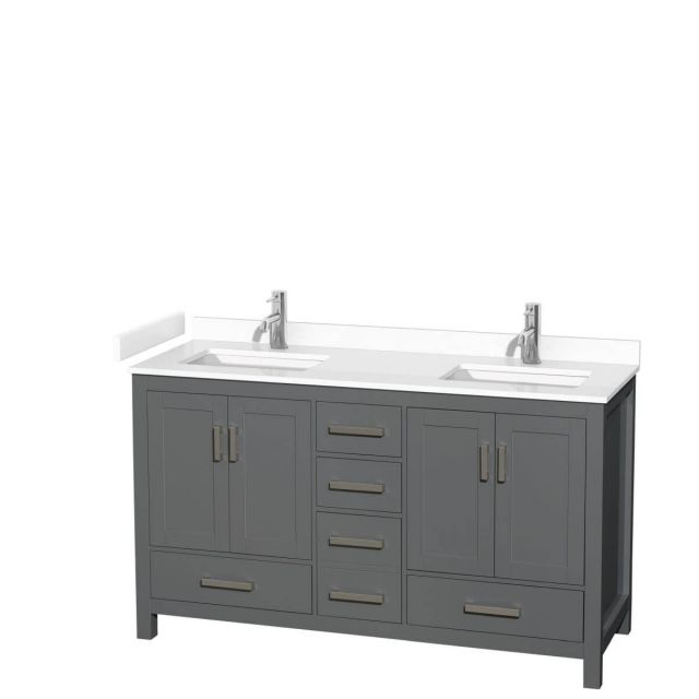 Wyndham Collection Sheffield 60 inch Double Bathroom Vanity in Dark Gray with White Cultured Marble Countertop, Undermount Square Sinks and No Mirror - WCS141460DKGWCUNSMXX