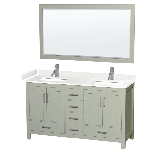 Wyndham Collection Sheffield 60 Inch Double Bathroom Vanity in Light Green with Carrara Cultured Marble Countertop, Undermount Square Sinks and Brushed Nickel Trim WCS141460DLGC2UNSM58