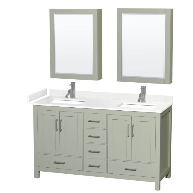 Wyndham Collection Sheffield 60 Inch Double Bathroom Vanity in Light Green with Carrara Cultured Marble Countertop, Undermount Square Sinks and Brushed Nickel Trim WCS141460DLGC2UNSMED