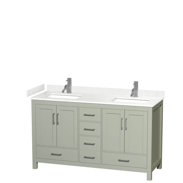 Wyndham Collection Sheffield 60 Inch Double Bathroom Vanity in Light Green with Carrara Cultured Marble Countertop, Undermount Square Sinks and Brushed Nickel Trim WCS141460DLGC2UNSMXX