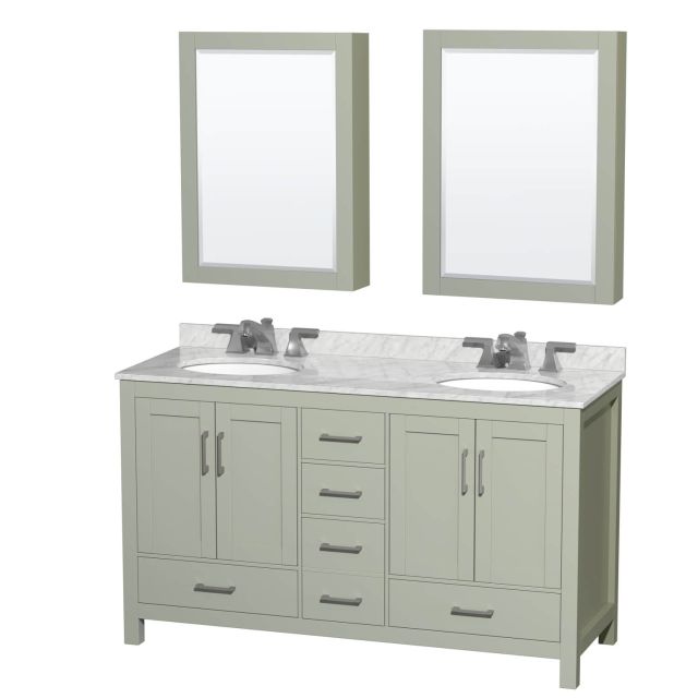 Wyndham Collection Sheffield 60 Inch Double Bathroom Vanity in Light Green with White Carrara Marble Countertop, Undermount Oval Sinks, Brushed Nickel Trim and Medicine Cabinets WCS141460DLGCMUNOMED