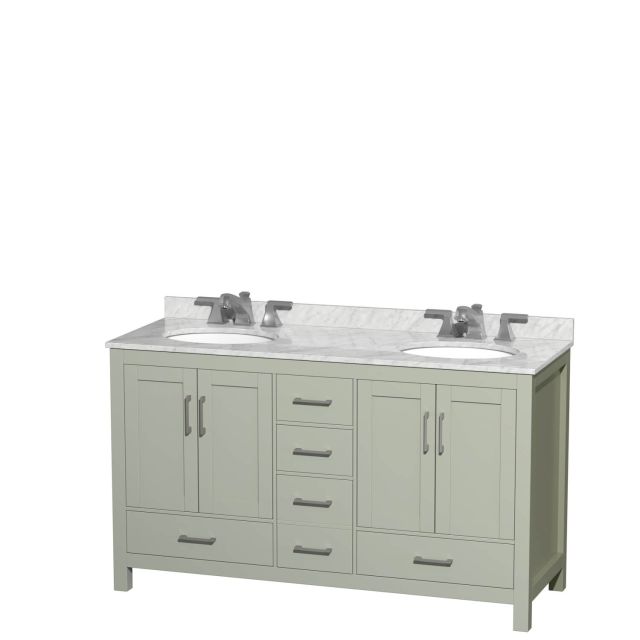 Wyndham Collection Sheffield 60 Inch Double Bathroom Vanity in Light Green with White Carrara Marble Countertop, Undermount Oval Sinks and Brushed Nickel Trim WCS141460DLGCMUNOMXX