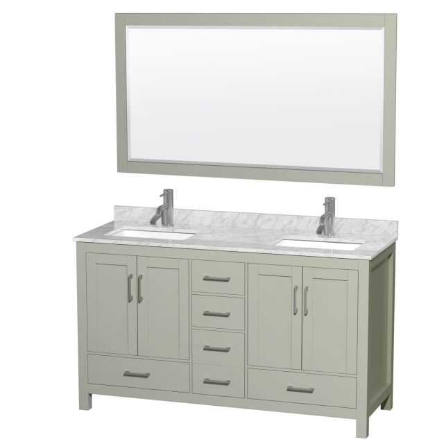 Wyndham Collection Sheffield 60 Inch Double Bathroom Vanity in Light Green with White Carrara Marble Countertop, Undermount Square Sinks and Brushed Nickel Trim WCS141460DLGCMUNSM58
