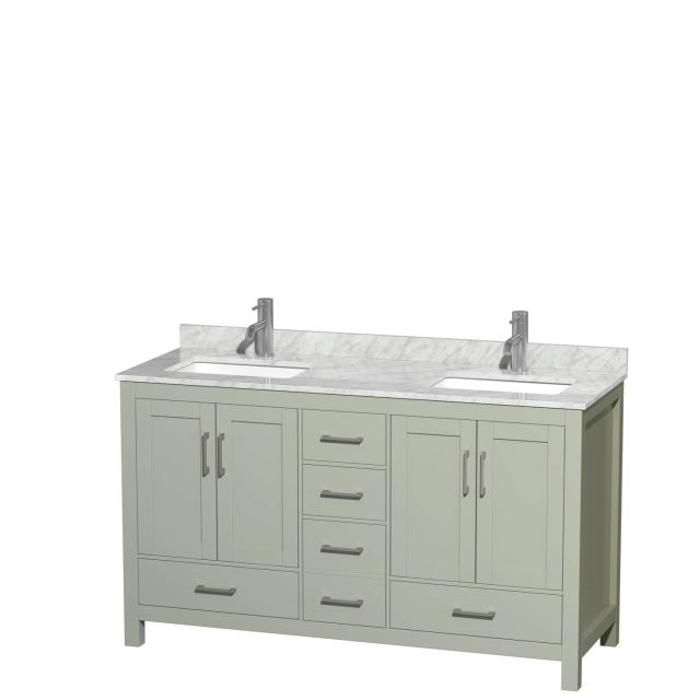 Wyndham Collection Sheffield 60 Inch Double Bathroom Vanity in Light Green with White Carrara Marble Countertop, Undermount Square Sinks and Brushed Nickel Trim WCS141460DLGCMUNSMXX