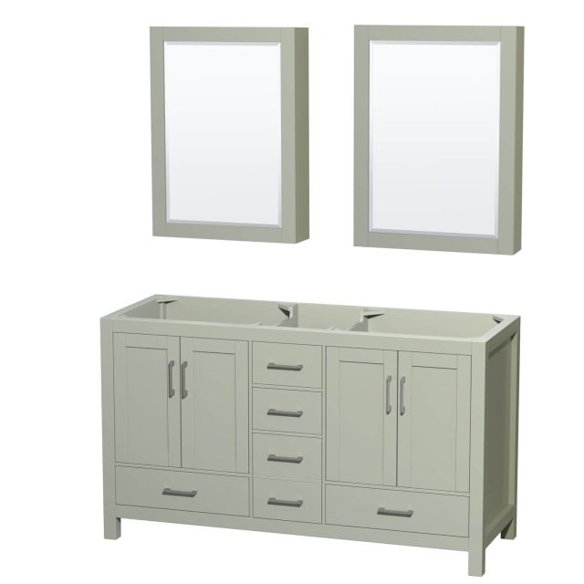 Wyndham Collection Sheffield 60 Inch Double Bathroom Vanity in Light Green with Medicine Cabinets, Brushed Nickel Trim, No Countertop and No Sinks WCS141460DLGCXSXXMED