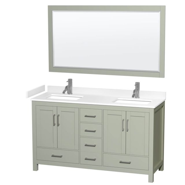 Wyndham Collection Sheffield 60 Inch Double Bathroom Vanity in Light Green with White Cultured Marble Countertop, Undermount Square Sinks and Brushed Nickel Trim WCS141460DLGWCUNSM58