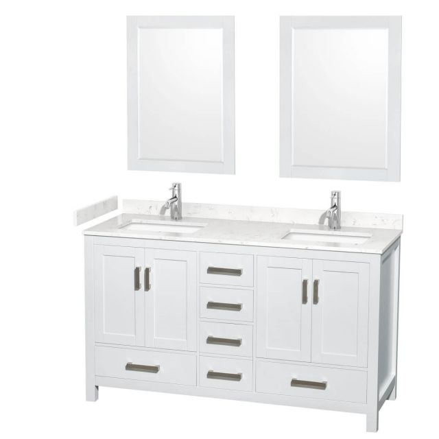 Wyndham Collection Sheffield 60 inch Double Bathroom Vanity in White with Carrara Cultured Marble Countertop, Undermount Square Sinks and 24 inch Mirrors - WCS141460DWHC2UNSM24