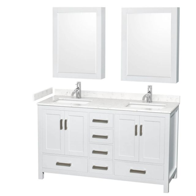 Wyndham Collection Sheffield 60 inch Double Bathroom Vanity in White with Carrara Cultured Marble Countertop, Undermount Square Sinks and Medicine Cabinets - WCS141460DWHC2UNSMED