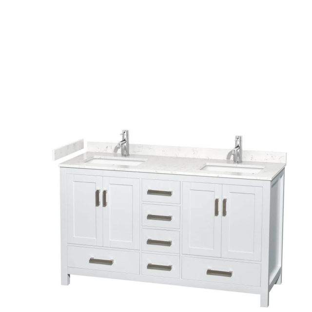 Wyndham Collection Sheffield 60 inch Double Bathroom Vanity in White with Carrara Cultured Marble Countertop, Undermount Square Sinks and No Mirror - WCS141460DWHC2UNSMXX