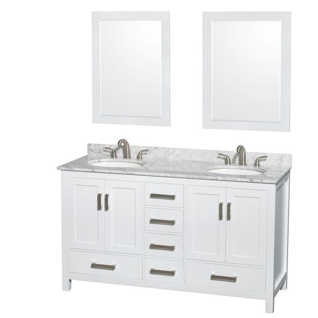 Wyndham Collection Sheffield 60 Inch Double Bath Vanity In White, White Carrara Marble Countertop, Undermount Oval Sinks, and 24 Inch Mirrors - WCS141460DWHCMUNOM24