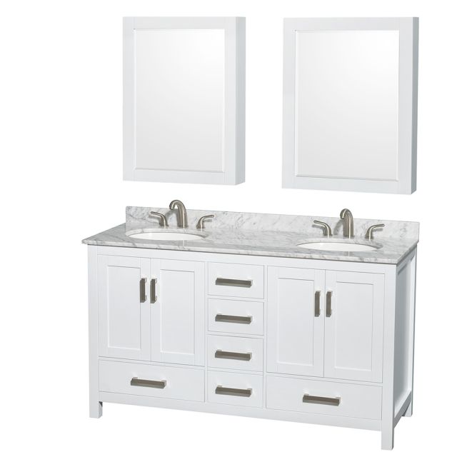 Wyndham Collection Sheffield 60 Inch Double Bath Vanity In White, White Carrara Marble Countertop, Undermount Oval Sinks, and Medicine Cabinets - WCS141460DWHCMUNOMED
