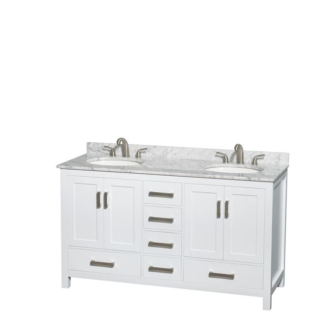 Wyndham Collection Sheffield 60 Inch Double Bath Vanity In White, White Carrara Marble Countertop, Undermount Oval Sinks, and No Mirror - WCS141460DWHCMUNOMXX
