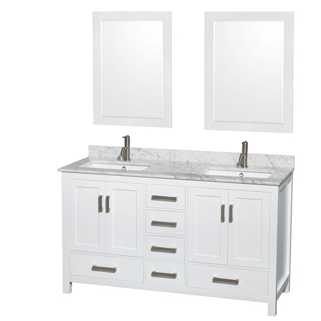 Wyndham Collection Sheffield 60 Inch Double Bath Vanity In White, White Carrara Marble Countertop, Undermount Square Sinks, and 24 Inch Mirrors - WCS141460DWHCMUNSM24