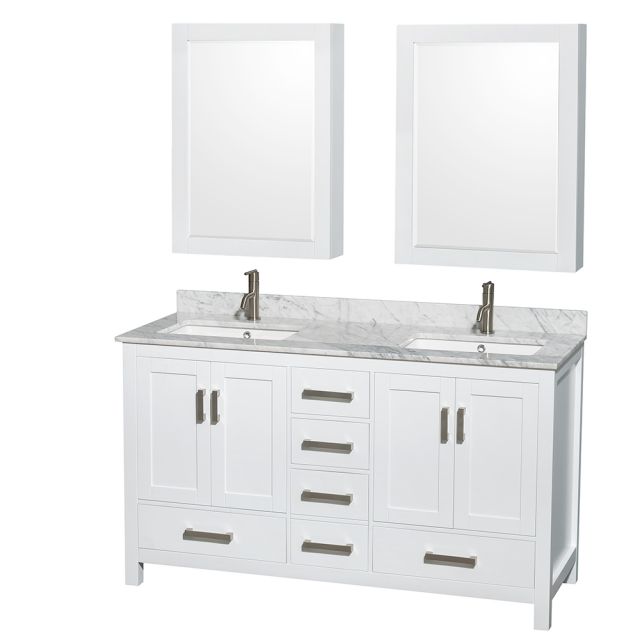 Wyndham Collection Sheffield 60 Inch Double Bath Vanity In White, White Carrara Marble Countertop, Undermount Square Sinks, and Medicine Cabinets - WCS141460DWHCMUNSMED