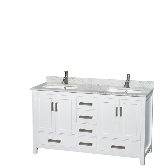 Wyndham Collection Sheffield 60 Inch Double Bath Vanity In White, White Carrara Marble Countertop, Undermount Square Sinks, and No Mirror - WCS141460DWHCMUNSMXX
