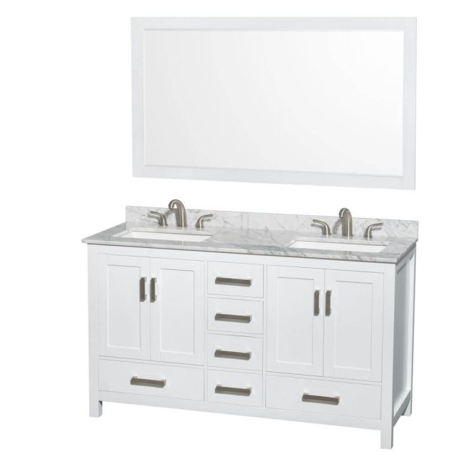 Wyndham Collection Sheffield 60 Inch Double Bath Vanity in White with White Carrara Marble Countertop, Undermount 3-Hole Square Sinks and 58 Inch Mirror - WCS141460DWHCMUS3M58
