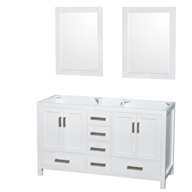 Wyndham Collection Sheffield 60 Inch Double Bath Vanity In White, No Countertop, No Sinks, and 24 Inch Mirrors - WCS141460DWHCXSXXM24