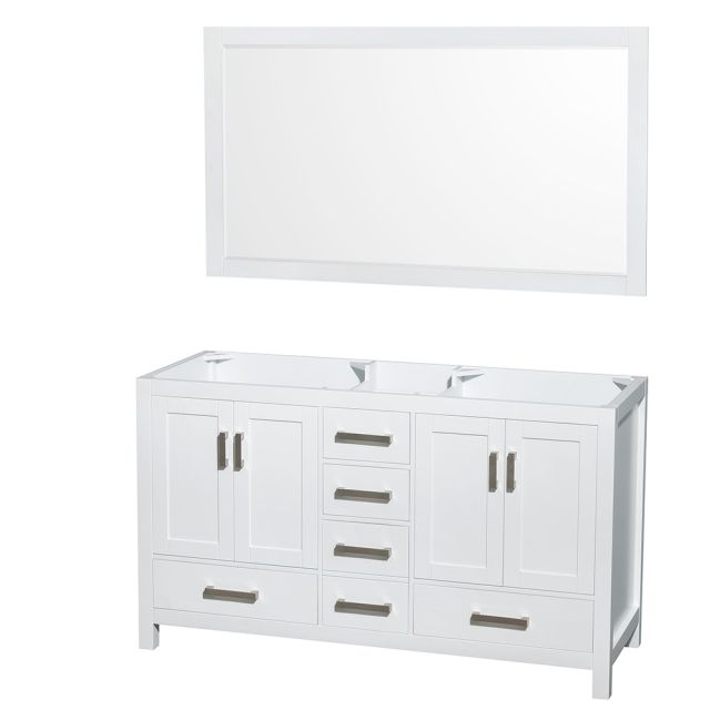 Wyndham Collection Sheffield 60 Inch Double Bath Vanity In White, No Countertop, No Sinks, and 58 Inch Mirror - WCS141460DWHCXSXXM58