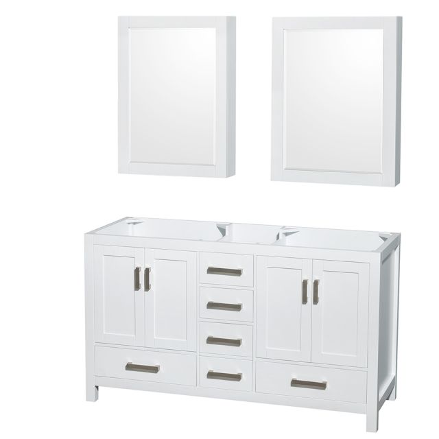 Wyndham Collection Sheffield 60 Inch Double Bath Vanity In White, No Countertop, No Sinks, and Medicine Cabinets - WCS141460DWHCXSXXMED