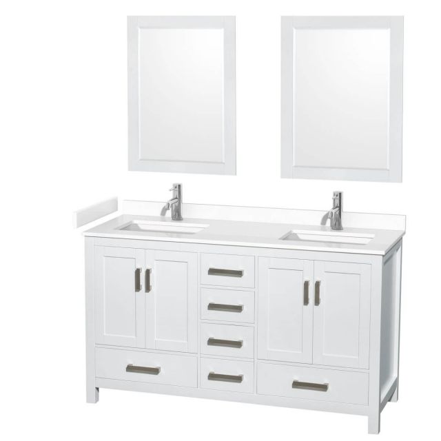 Wyndham Collection Sheffield 60 inch Double Bathroom Vanity in White with White Cultured Marble Countertop, Undermount Square Sinks and 24 inch Mirrors - WCS141460DWHWCUNSM24