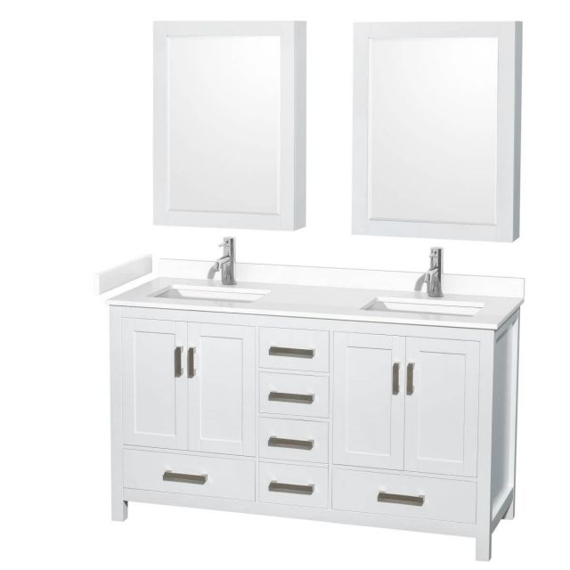 Wyndham Collection Sheffield 60 inch Double Bathroom Vanity in White with White Cultured Marble Countertop, Undermount Square Sinks and Medicine Cabinets - WCS141460DWHWCUNSMED