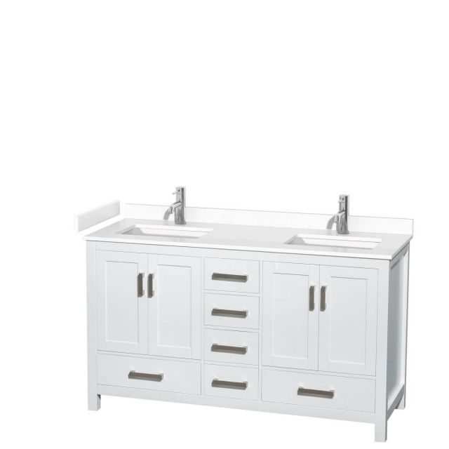 Wyndham Collection Sheffield 60 inch Double Bathroom Vanity in White with White Cultured Marble Countertop, Undermount Square Sinks and No Mirror - WCS141460DWHWCUNSMXX