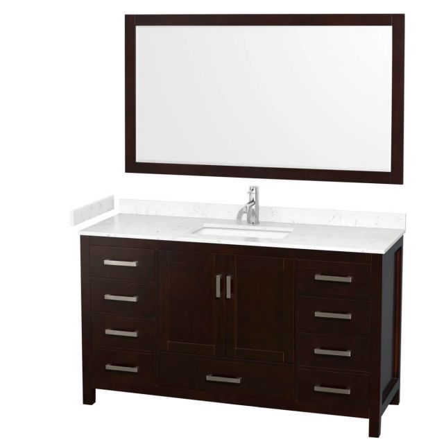 Wyndham Collection Sheffield 60 inch Single Bathroom Vanity in Espresso with Carrara Cultured Marble Countertop, Undermount Square Sink and 58 inch Mirror - WCS141460SESC2UNSM58
