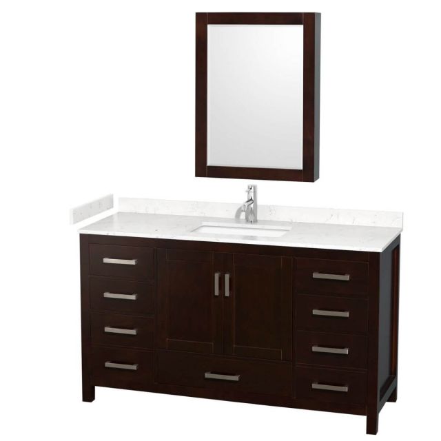Wyndham Collection Sheffield 60 inch Single Bathroom Vanity in Espresso with Carrara Cultured Marble Countertop, Undermount Square Sink and Medicine Cabinet - WCS141460SESC2UNSMED