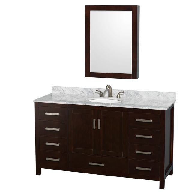 Wyndham Collection Sheffield 60 Inch Single Bath Vanity in Espresso, White Carrara Marble Countertop, Undermount Oval Sink, and Medicine Cabinet - WCS141460SESCMUNOMED