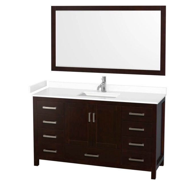 Wyndham Collection Sheffield 60 inch Single Bathroom Vanity in Espresso with White Cultured Marble Countertop, Undermount Square Sink and 58 inch Mirror - WCS141460SESWCUNSM58