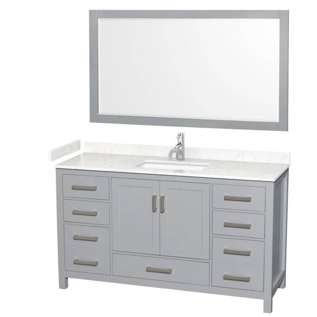 Wyndham Collection Sheffield 60 inch Single Bathroom Vanity in Gray with Carrara Cultured Marble Countertop, Undermount Square Sink and 58 inch Mirror - WCS141460SGYC2UNSM58
