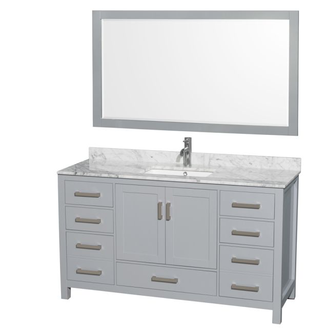 Wyndham Collection Sheffield 60 Inch Single Bath Vanity In Gray with White Carrara Marble Countertop with Undermount Square Sink and 58 Inch Mirror - WCS141460SGYCMUNSM58