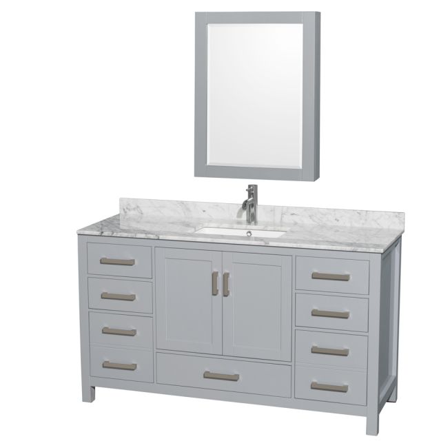 Wyndham Collection Sheffield 60 Inch Single Bath Vanity In Gray with White Carrara Marble Countertop with Undermount Square Sink and Medicine Cabinet - WCS141460SGYCMUNSMED