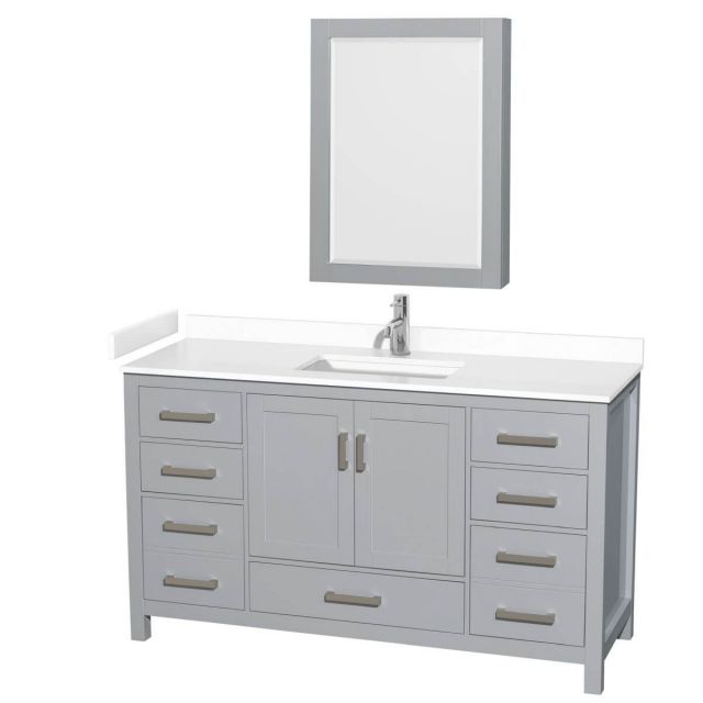 Wyndham Collection Sheffield 60 inch Single Bathroom Vanity in Gray with White Cultured Marble Countertop, Undermount Square Sink and Medicine Cabinet - WCS141460SGYWCUNSMED