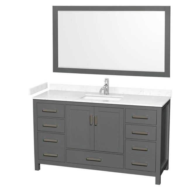 Wyndham Collection Sheffield 60 inch Single Bathroom Vanity in Dark Gray with Carrara Cultured Marble Countertop, Undermount Square Sink and 58 inch Mirror - WCS141460SKGC2UNSM58