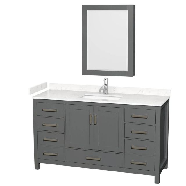 Wyndham Collection Sheffield 60 inch Single Bathroom Vanity in Dark Gray with Carrara Cultured Marble Countertop, Undermount Square Sink and Medicine Cabinet - WCS141460SKGC2UNSMED