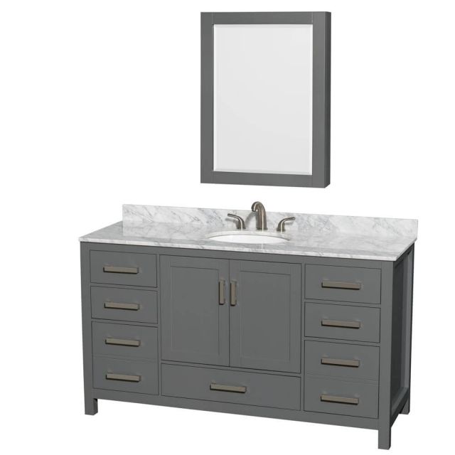 Wyndham Collection Sheffield 60 Inch Single Bath Vanity In Dark Gray with White Carrara Marble Countertop with Undermount Oval Sink with Medicine Cabinet - WCS141460SKGCMUNOMED