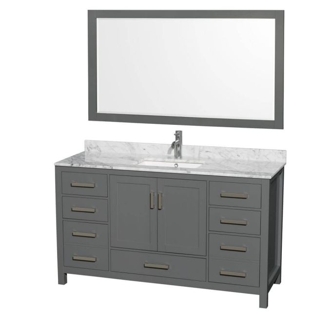 Wyndham Collection Sheffield 60 Inch Single Bath Vanity In Dark Gray with White Carrara Marble Countertop with Undermount Square Sink with 58 Inch Mirror - WCS141460SKGCMUNSM58