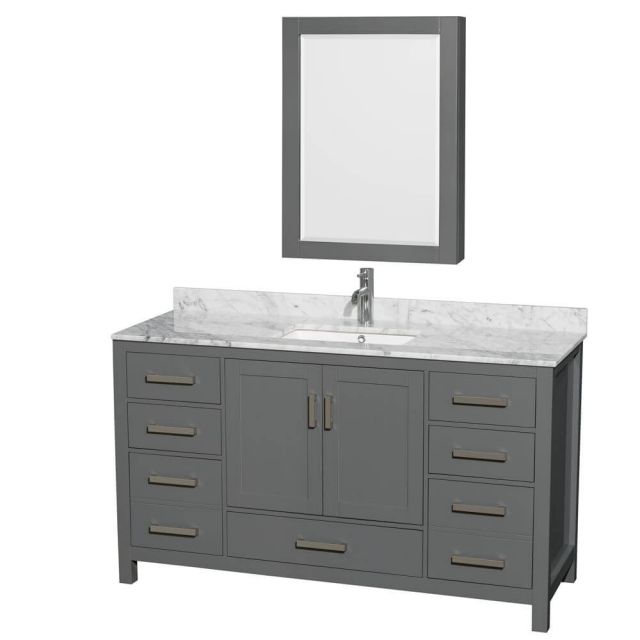 Wyndham Collection Sheffield 60 Inch Single Bath Vanity In Dark Gray with White Carrara Marble Countertop with Undermount Square Sink with Medicine Cabinet - WCS141460SKGCMUNSMED