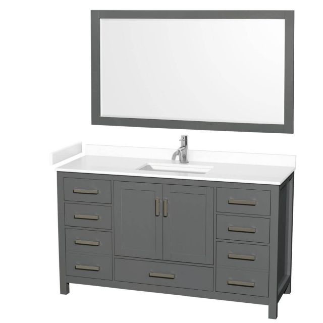 Wyndham Collection Sheffield 60 inch Single Bathroom Vanity in Dark Gray with White Cultured Marble Countertop, Undermount Square Sink and 58 inch Mirror - WCS141460SKGWCUNSM58