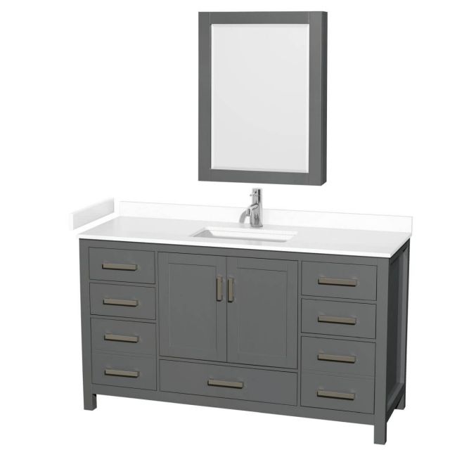 Wyndham Collection Sheffield 60 inch Single Bathroom Vanity in Dark Gray with White Cultured Marble Countertop, Undermount Square Sink and Medicine Cabinet - WCS141460SKGWCUNSMED